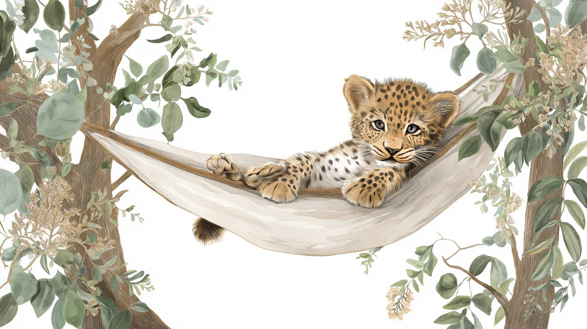 Leopard Cub in Hammock Mural Wallpaper — Whimsical Safari Art Mural Wallpaper - room preview 04