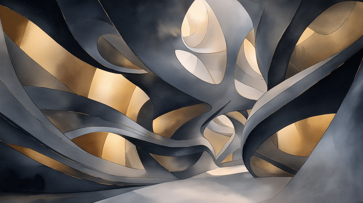 Abstract Cavern Mural Wallpaper — Gold and Charcoal Architectural Art Mural Wallpaper - room preview 04