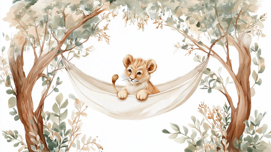 Wandbild „Löwenjunges in Hängematte“ — Wandbild „Launische Safari-Szene“ printable artwork