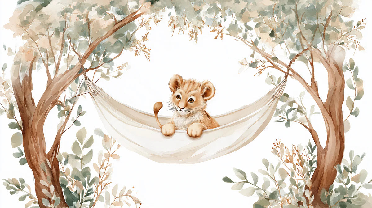 Lion Cub Hammock Mural Wallpaper — Whimsical Safari Scene Mural Wallpaper - room preview 04