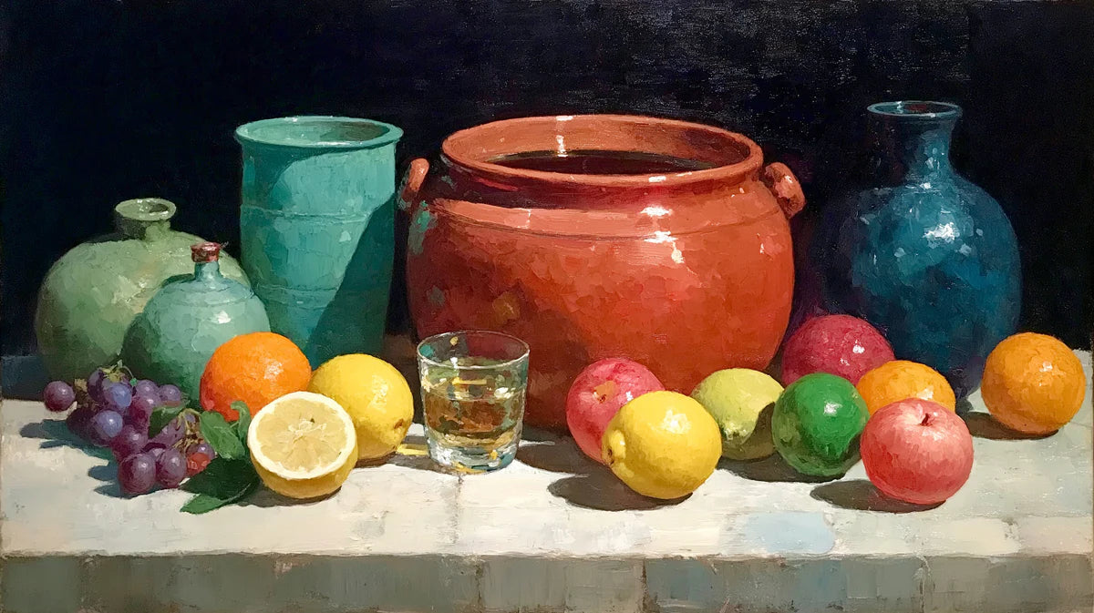 Still Life Fruit & Terracotta Vases Mural Wallpaper — Artistic Oil Mural Wallpaper - room preview 04