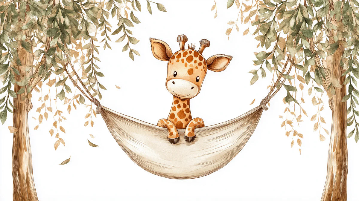 Baby Giraffe in Hammock Mural Wallpaper — Whimsical Safari Art Mural Wallpaper - room preview 04