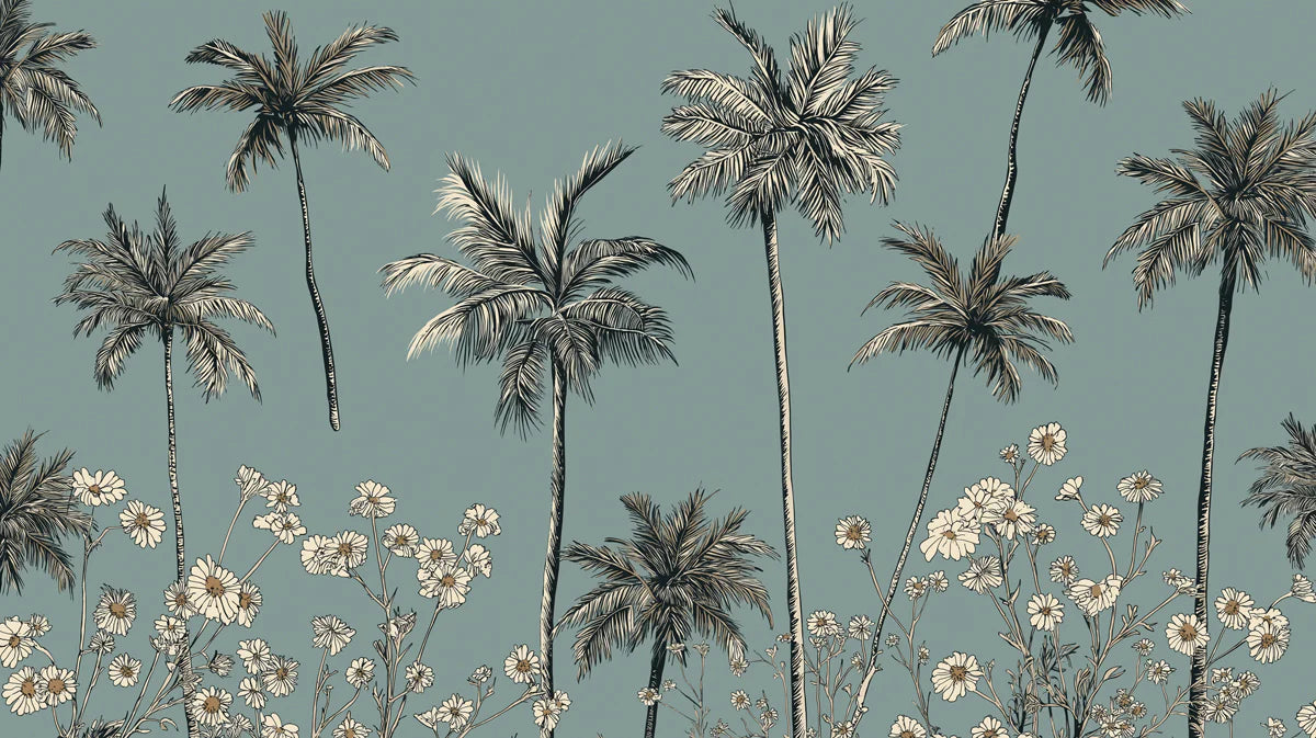 Palm Tree and Daisy Line Art Mural Wallpaper — Coastal Modern Mural Wallpaper - room preview 04