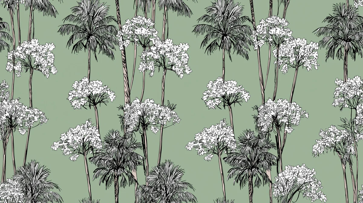 Sage Green Tropical Palm Mural Wallpaper — Minimalist Line Art Mural Wallpaper - room preview 04
