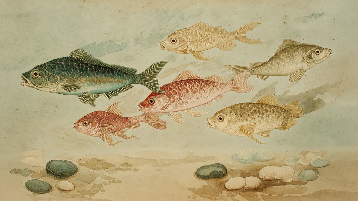 Vintage Shoal of Fish Mural Wallpaper — Artistic Marine Illustration Mural Wallpaper - room preview 04