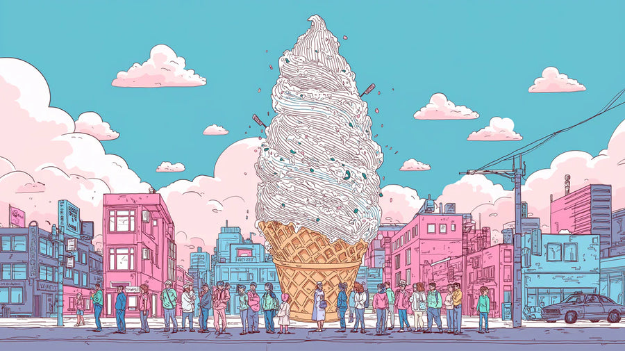Painted Mural Wallpaper – Illustration Wall Mural – Giant Ice Cream City — Whimsical Cartoon Illustration printable artwork