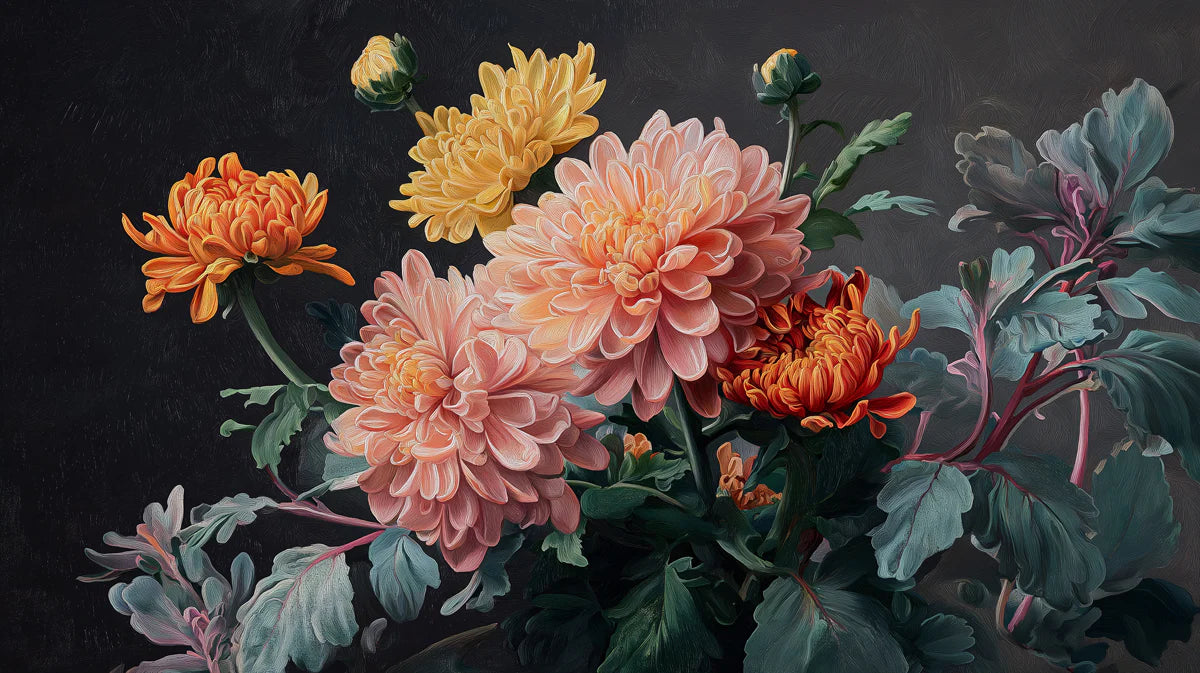Chrysanthemum Still Life Mural Wallpaper — Painterly Floral Art Mural Wallpaper - room preview 04