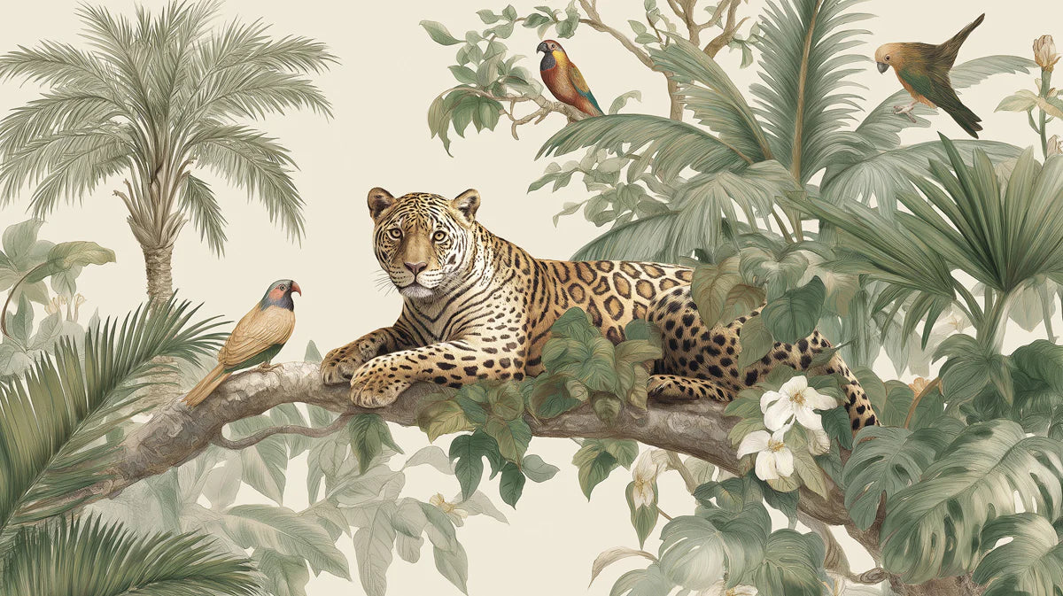 Leopard in Tropical Foliage Mural Wallpaper — Vintage Safari Art Mural Wallpaper - room preview 04
