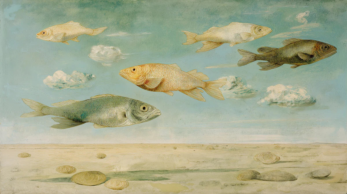 Floating Fish Surreal Sky Mural Wallpaper —Painterly Landscape Mural Wallpaper - room preview 04