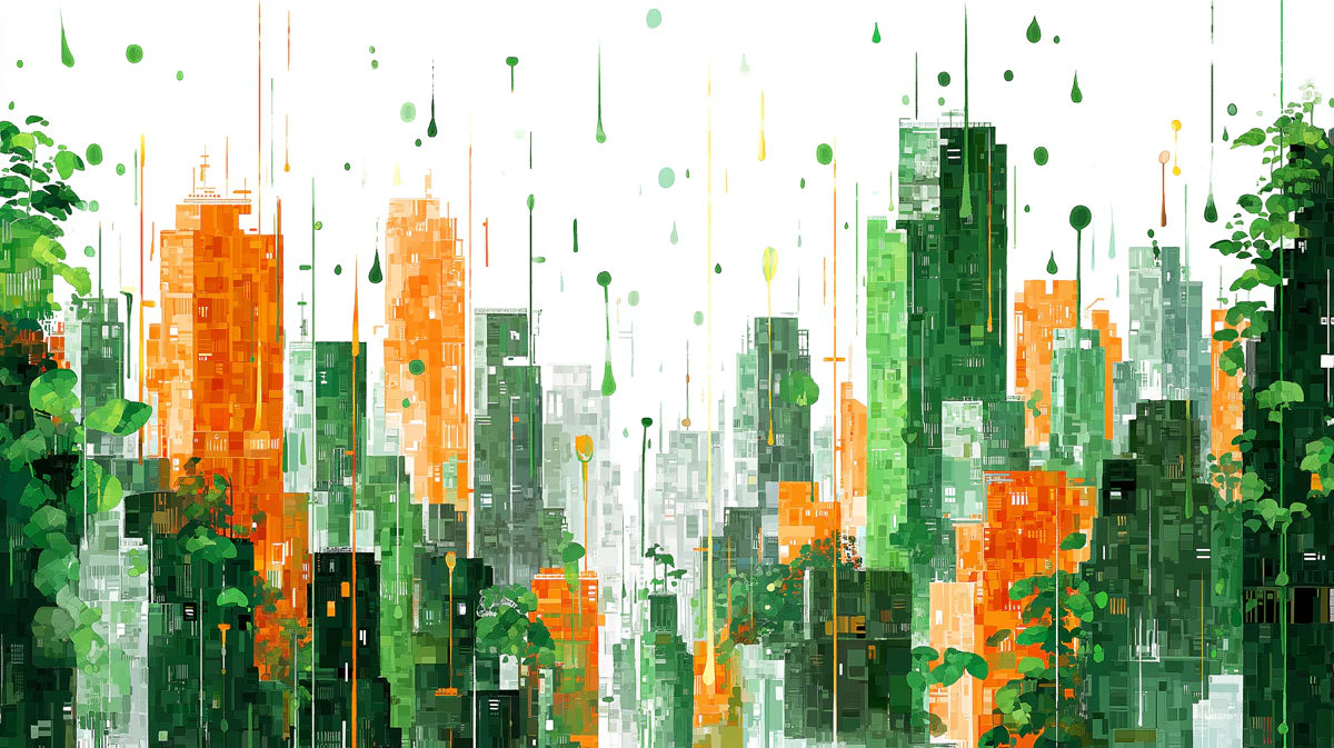 Eco-Cityscape Mural Wallpaper — Abstract Green and Orange Urban Art Mural Wallpaper - room preview 04