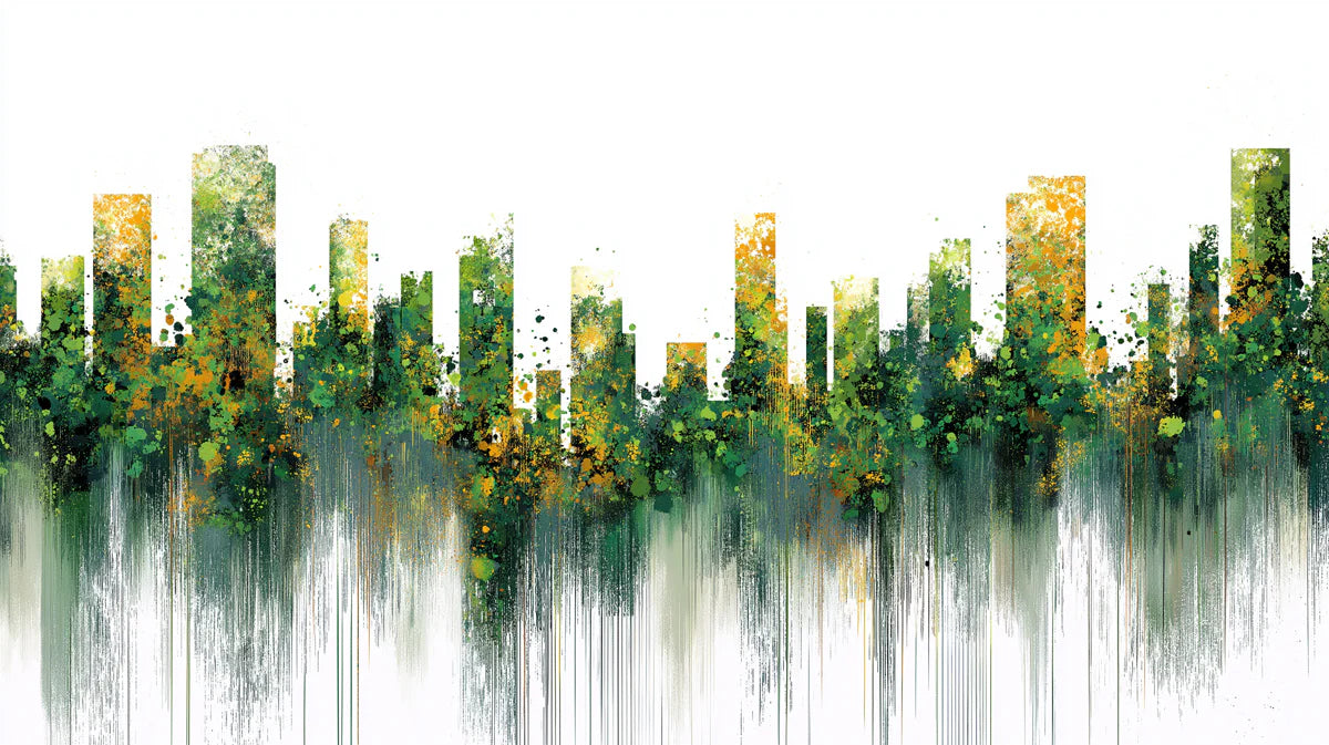 Abstract Urban Cityscape Mural Wallpaper — Artistic Green and Ochre Mural Wallpaper - room preview 04