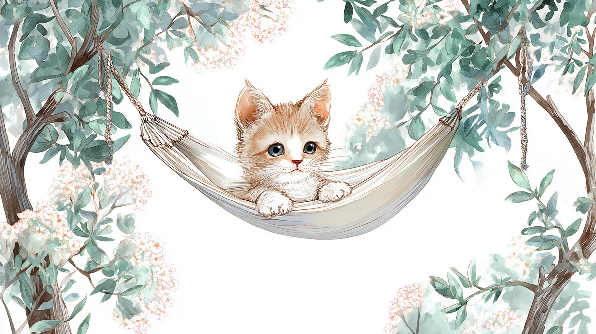Kitten in Hammock Mural Wallpaper — Whimsical Watercolor Illustration Mural Wallpaper - room preview 04
