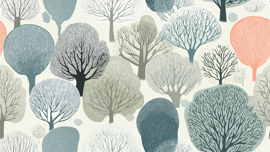 Waldtapete mit skandinavischem Waldmotiv – stilisierte Waldlandschaft-Wandmalerei printable artwork