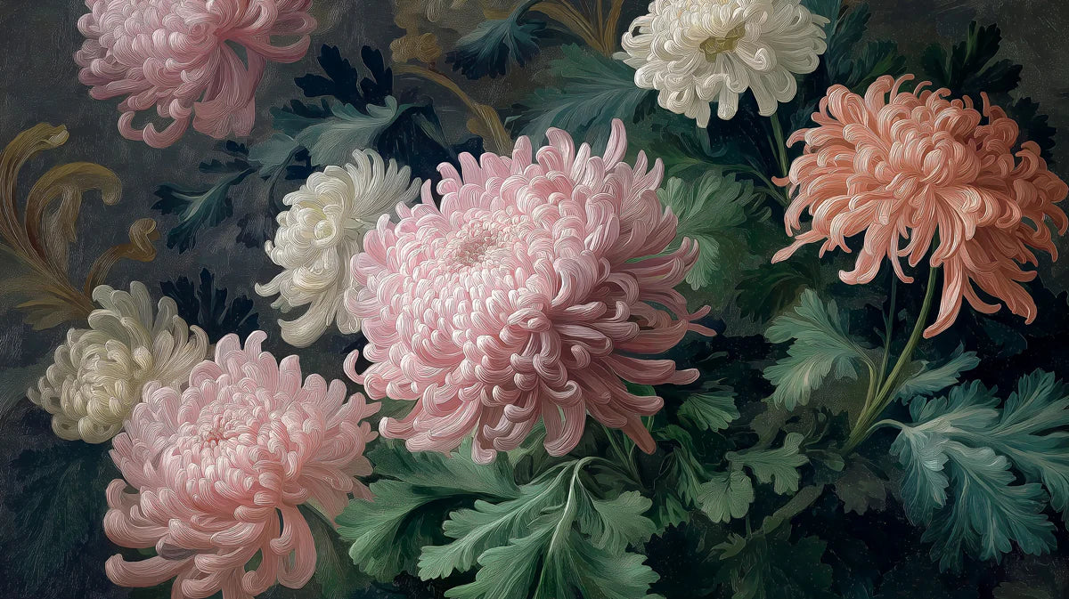 Chrysanthemum Oil Painting Mural Wallpaper — Moody Floral Art Mural Wallpaper - room preview 04
