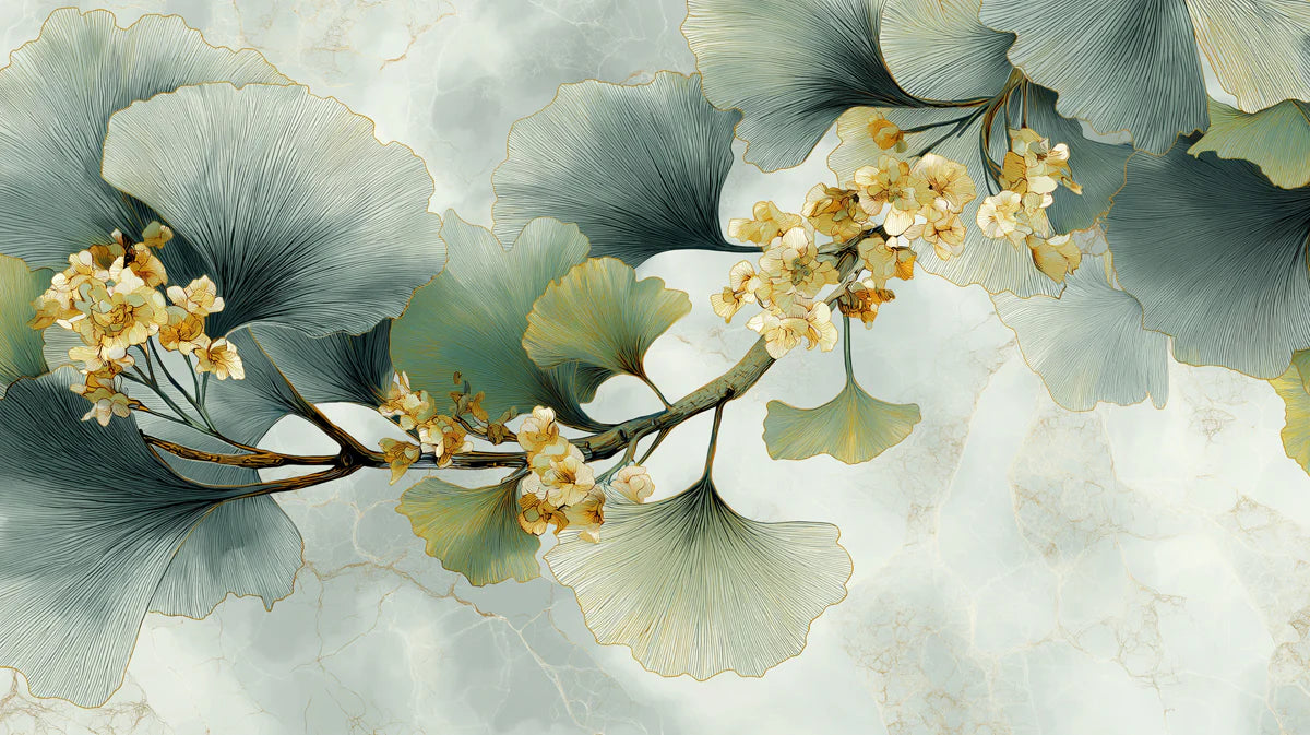 Ginkgo Branch Mural Wallpaper — Artistic Botanical Marble Mural Wallpaper - room preview 04