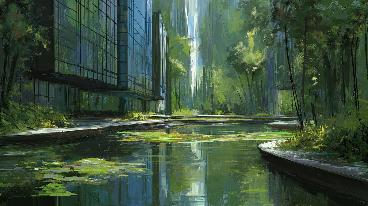 Urban Pond Botanical Mural Wallpaper — Painterly City Landscape Mural Wallpaper - room preview 04