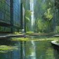 Urban Pond Botanical Mural Wallpaper — Painterly City Landscape Mural Wallpaper - room preview 04