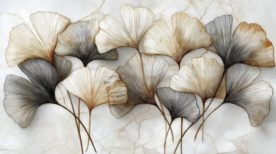 Ginkgo-Blatt Line Art Fototapete — Metallic Gold & Anthrazit Fototapete printable artwork