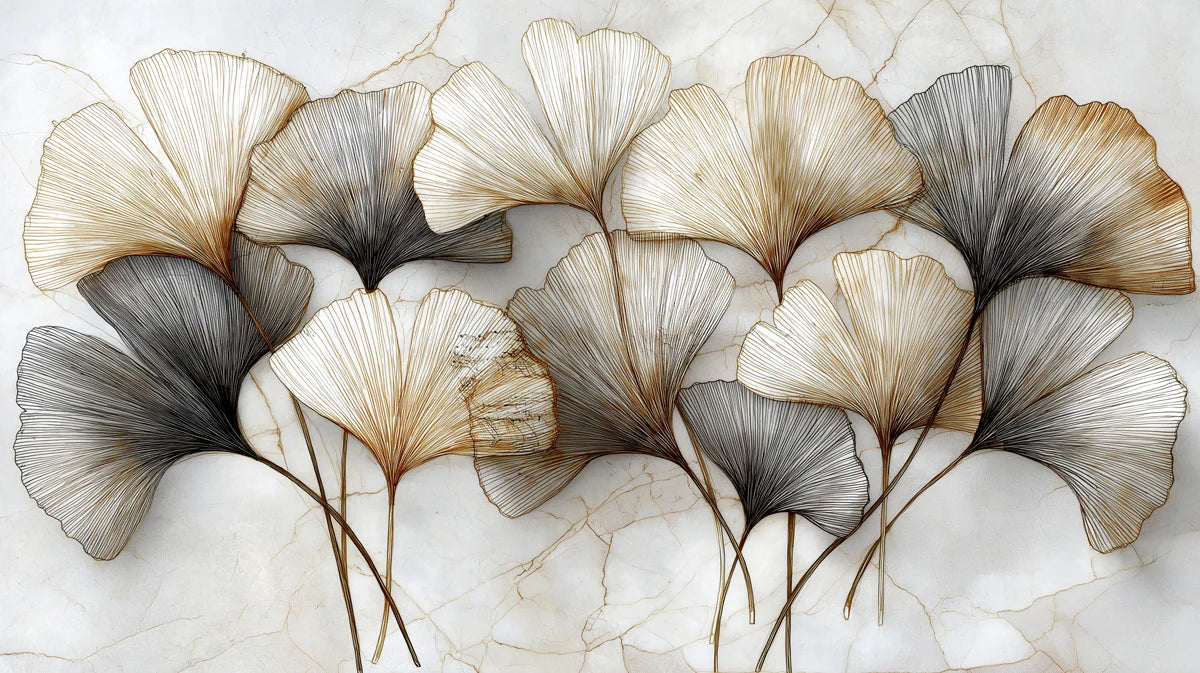 Ginkgo Leaf Line Art Mural Wallpaper — Metallic Gold & Charcoal Mural Wallpaper - room preview 04