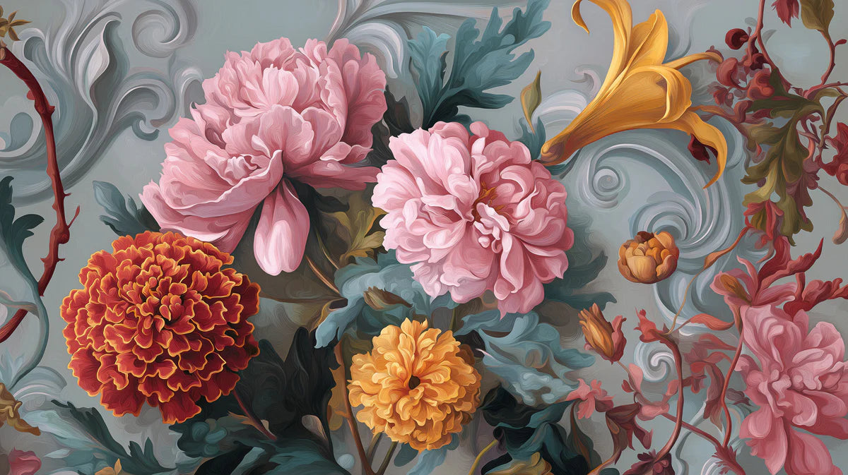 Baroque Floral Chrysanthemum Mural Wallpaper in Soft Pastels Mural Wallpaper - room preview 04