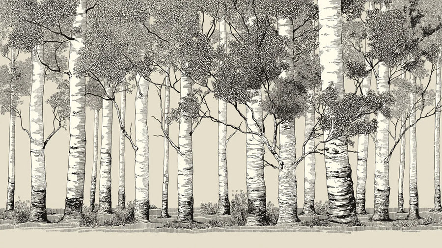 Forest Wallpaper Mural – Woodland Wall Mural – Ink Illustration Birch Forest — Monochrome Woodland printable artwork