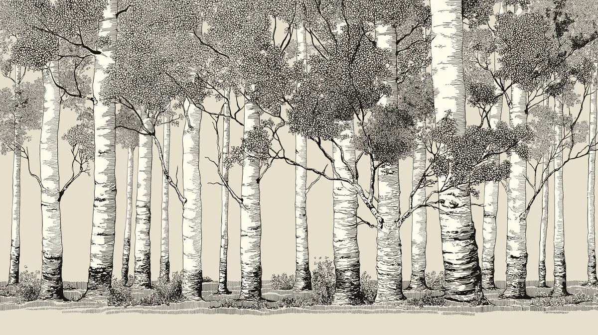 Ink Illustration Birch Forest Mural Wallpaper — Monochrome Woodland Mural Wallpaper - room preview 04