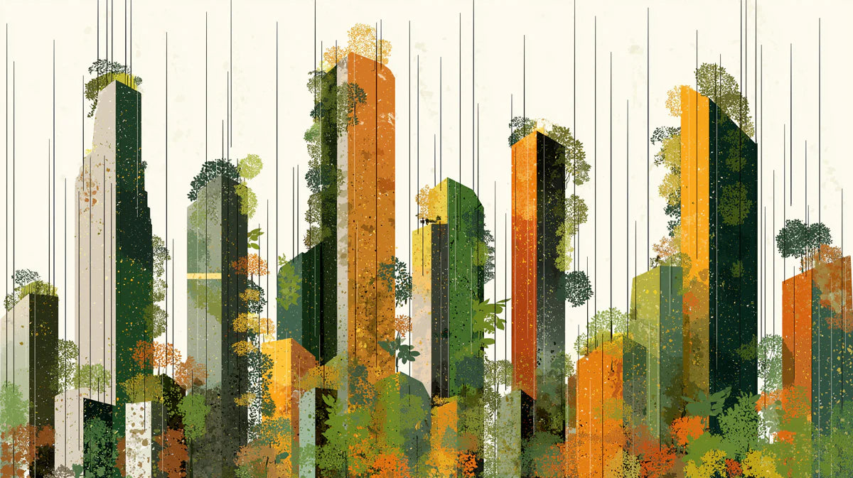 Eco-Urban Skyline Mural Wallpaper — Modern Architectural Nature Art Mural Wallpaper - room preview 04