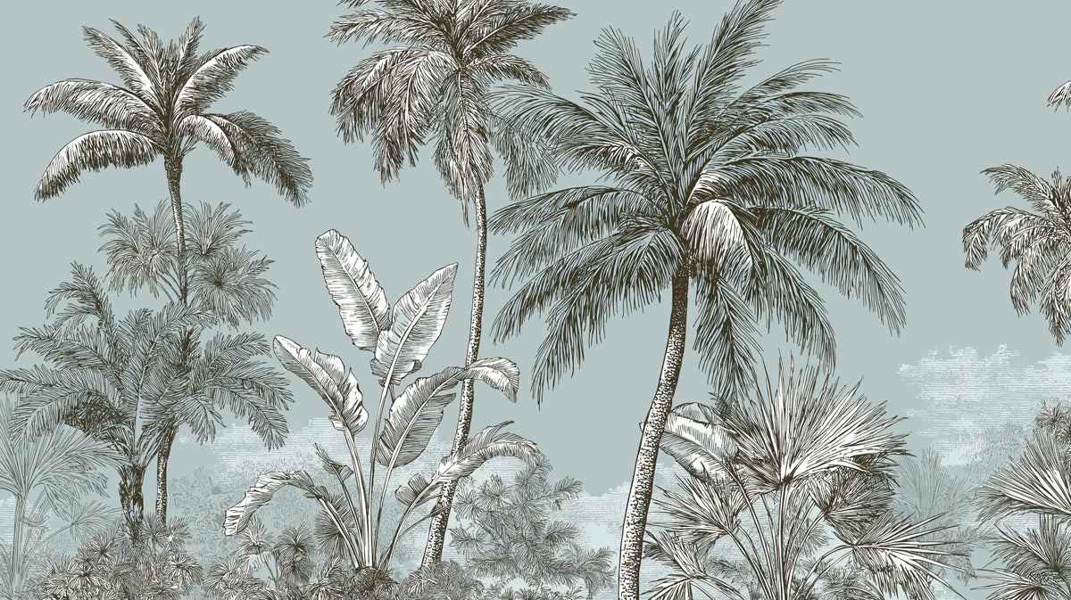 Coastal Palm Sketch Mural Wallpaper — Blue and Charcoal Line Art Mural Wallpaper - room preview 04