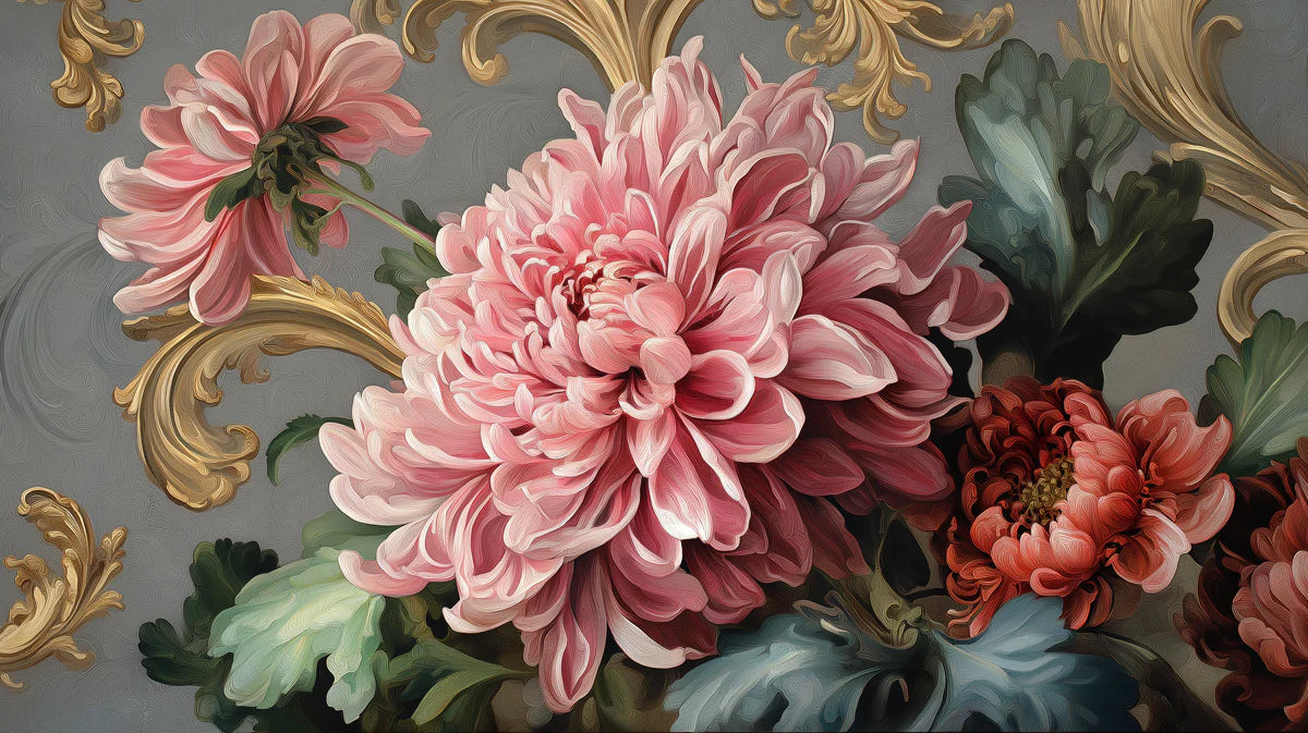 Rococo Chrysanthemum Floral Mural Wallpaper in Dusty Rose and Gold Mural Wallpaper - room preview 04