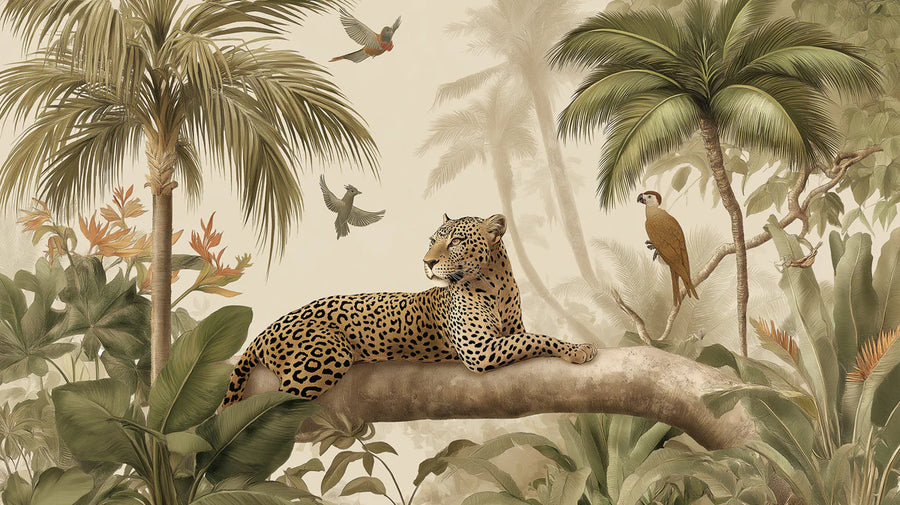 Leopard in tropischen Palmen Fototapete — Vintage Safari Kunst Fototapete printable artwork