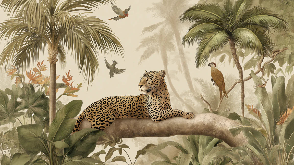 Leopard in Tropical Palms Mural Wallpaper — Vintage Safari Art Mural Wallpaper - room preview 04