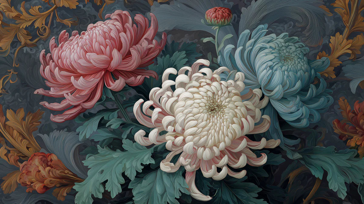 Ornate Chrysanthemum Mural Wallpaper — Moody Floral Art Mural Wallpaper - room preview 04