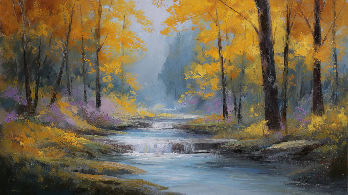 Autumn Creek Forest Mural Wallpaper — Impressionistic Landscape Mural Wallpaper - room preview 04