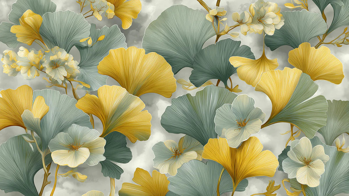 Abstract Ginkgo & Floral Mural Wallpaper in Ochre and Sage Mural Wallpaper - room preview 04