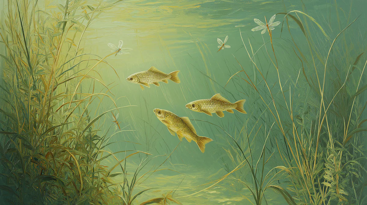 Sunlit Pond Fish Mural Wallpaper — Whimsical Aquatic Art Mural Wallpaper - room preview 04
