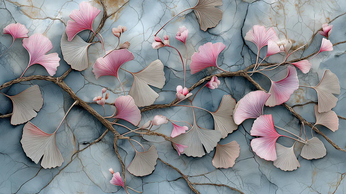 Ginkgo Branch Mural Wallpaper with Marbled Blue and Pink Tones Mural Wallpaper - room preview 04