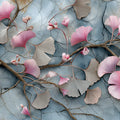 Ginkgo Branch Mural Wallpaper with Marbled Blue and Pink Tones Mural Wallpaper - room preview 04