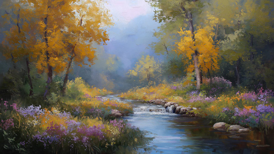Herbstflusslandschaft – Fototapete; Impressionistische Waldszene – Fototapete printable artwork
