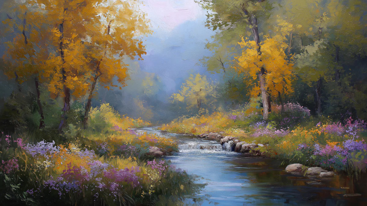 Autumn River Landscape Mural Wallpaper — Impressionistic Forest Scene Mural Wallpaper - room preview 04