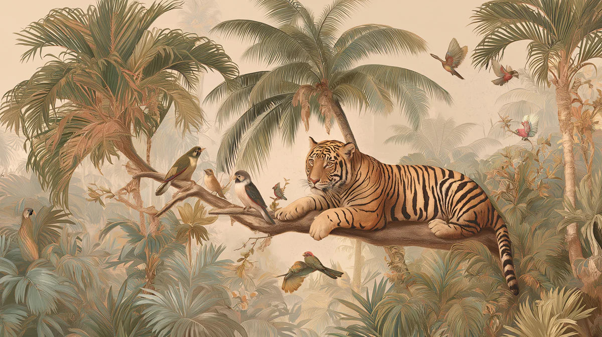Tiger in Tropical Jungle Mural Wallpaper — Vintage Safari Illustration Mural Wallpaper - room preview 04