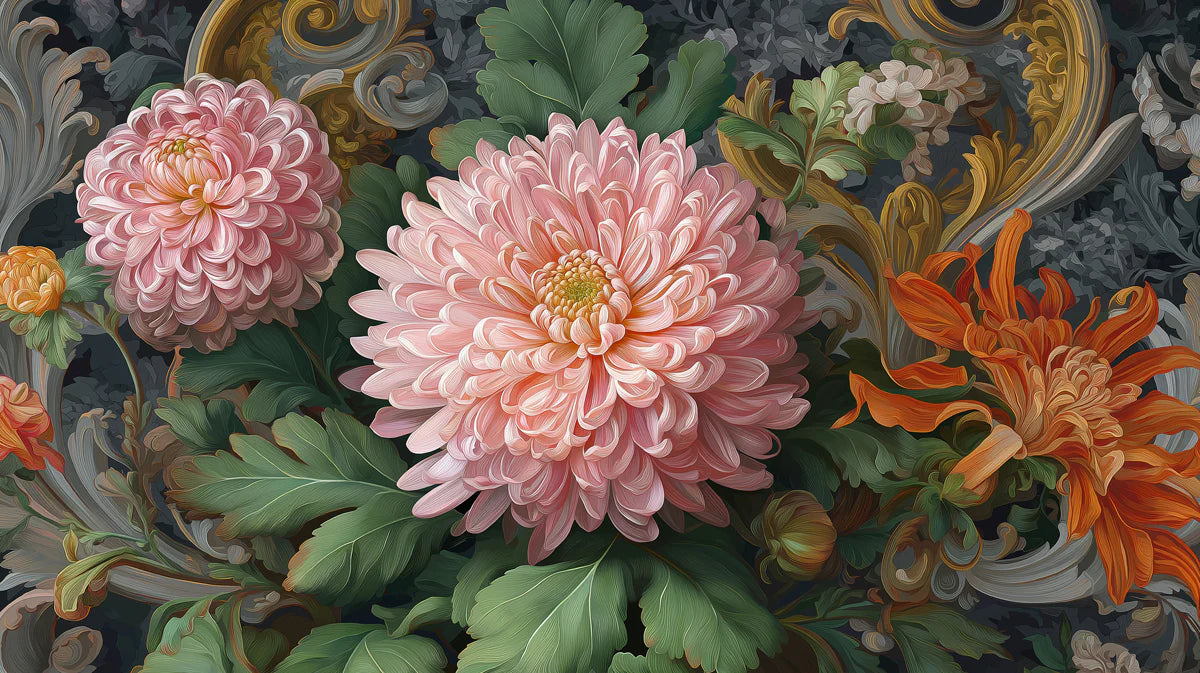 Rococo Chrysanthemum Floral Mural Wallpaper — Moody Heritage Style Mural Wallpaper - room preview 04