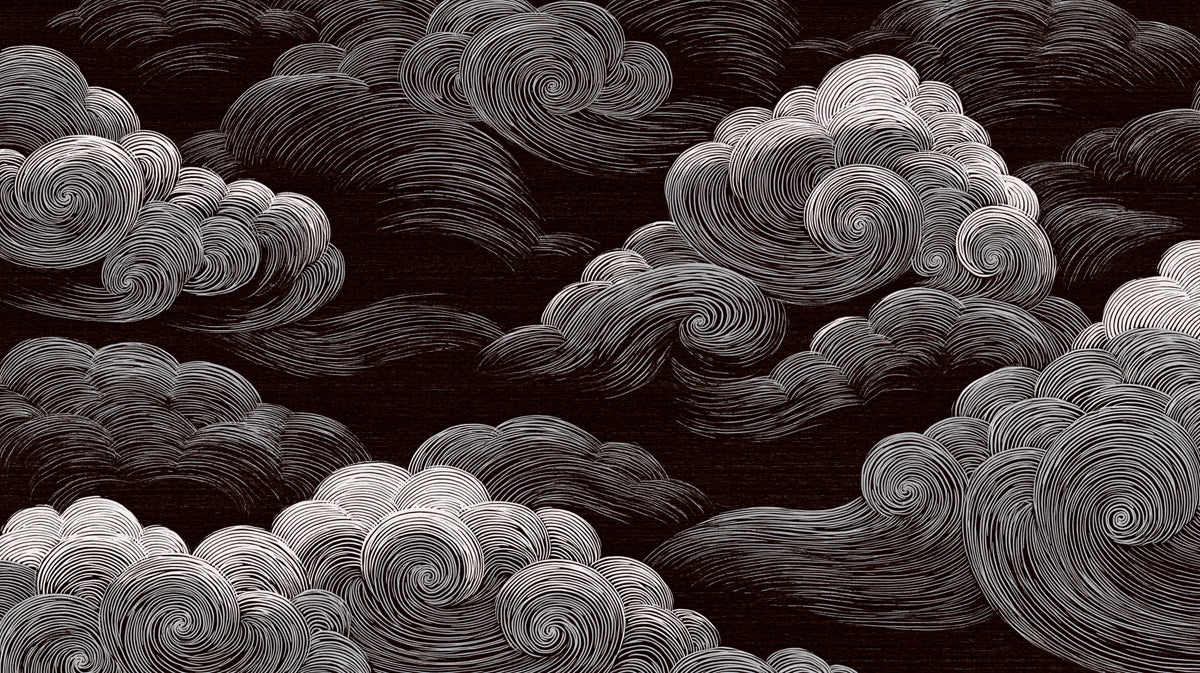 Swirling Monochrome Clouds Mural Wallpaper — Artistic Sky Design Mural Wallpaper - room preview 04