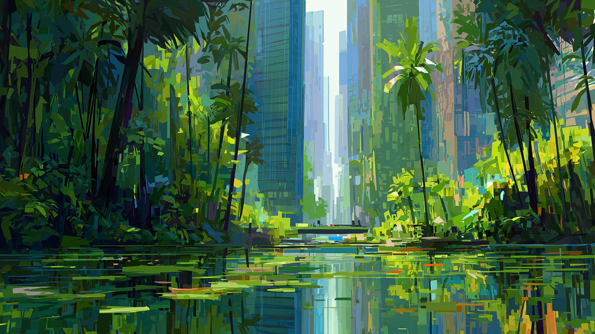 Urban Oasis Mural Wallpaper — Painterly City and Nature Blend Mural Wallpaper - room preview 04