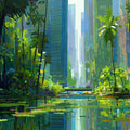 Urban Oasis Mural Wallpaper — Painterly City and Nature Blend Mural Wallpaper - room preview 04