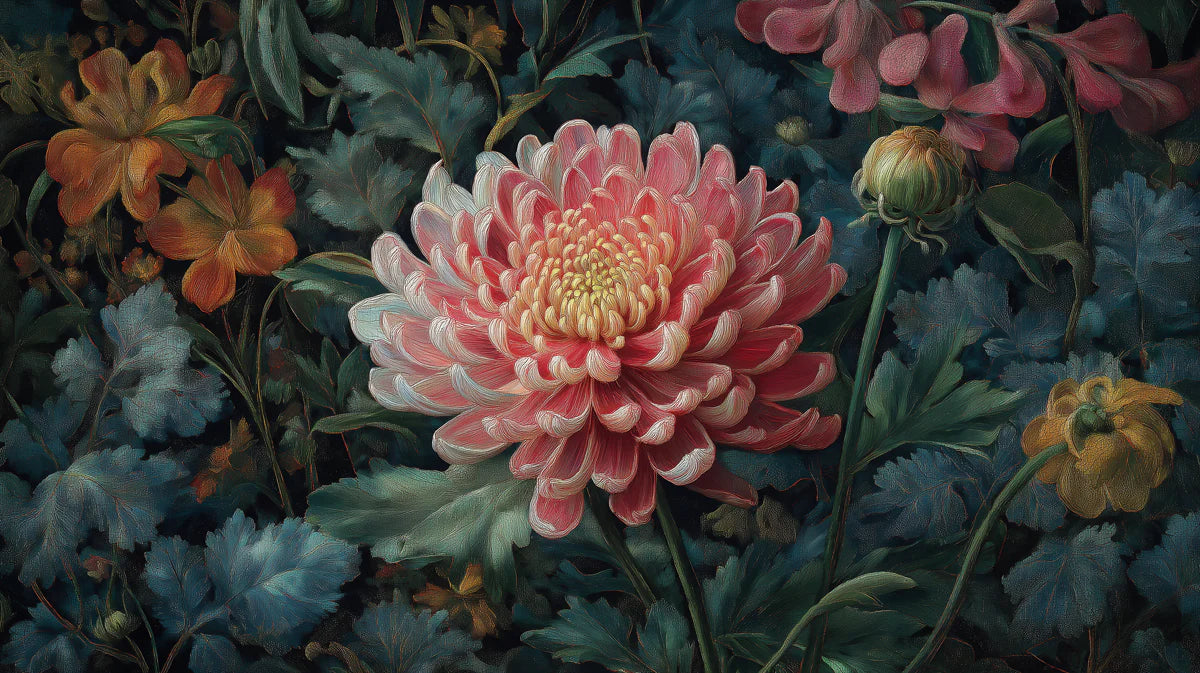 Chrysanthemum Oil Painting Mural Wallpaper — Moody Floral Art Mural Wallpaper - room preview 04