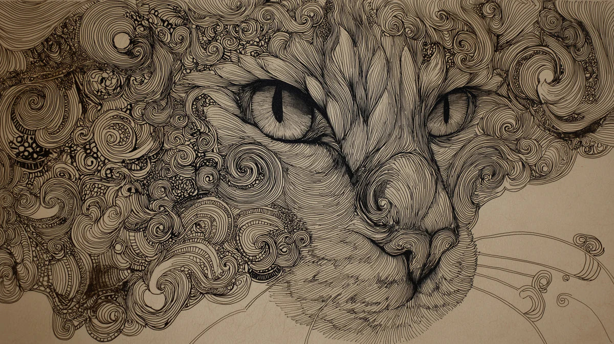 Intense Feline Swirl Mural Wallpaper — Detailed Line Art Sketch Mural Wallpaper - room preview 04