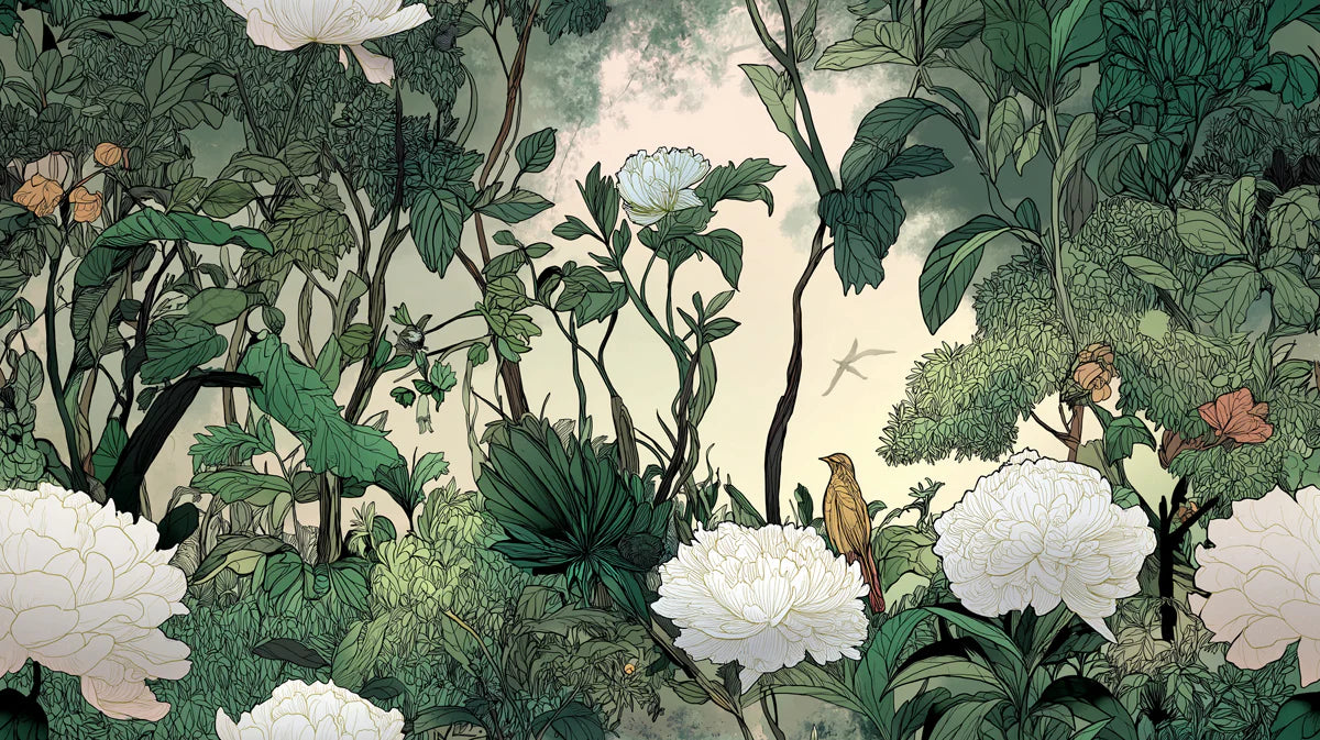 Ethereal Botanical Jungle Mural Wallpaper — Soft Nature Scene Mural Wallpaper - room preview 04
