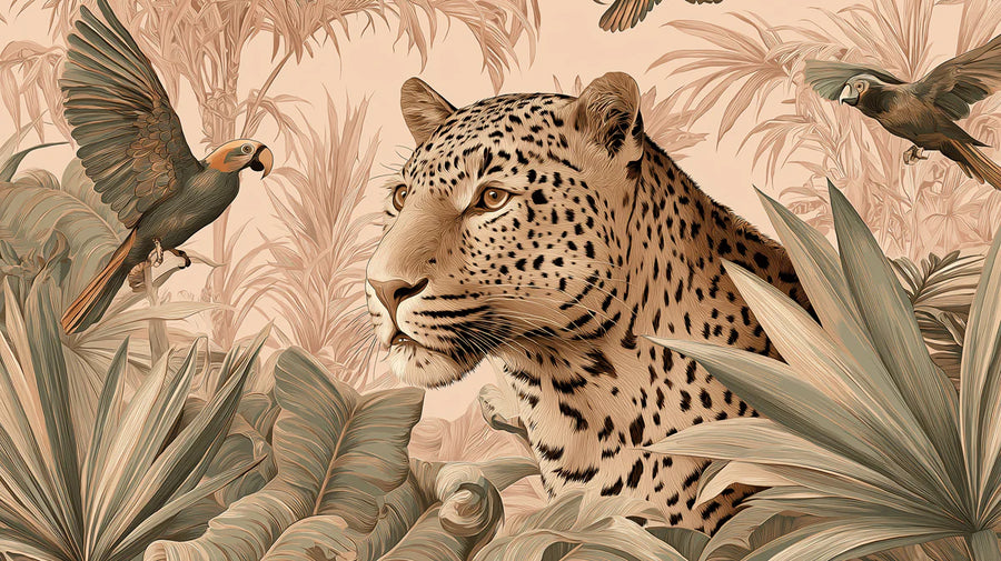 Leopard and Tropical Birds Mural Wallpaper — Monochrome Safari Mural Wallpaper printable artwork