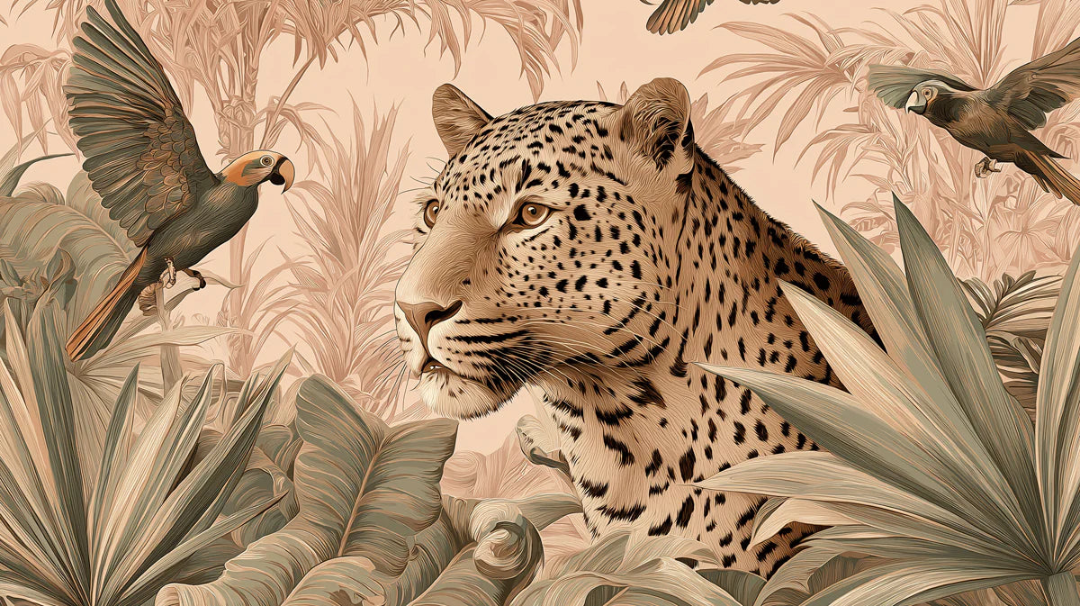 Leopard and Tropical Birds Mural Wallpaper — Monochrome Safari Mural Wallpaper - room preview 04