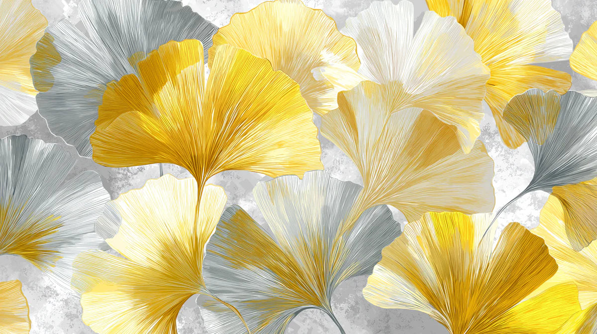 Ginkgo Leaf Mural Wallpaper — Metallic Gold and Grey Art Mural Wallpaper - room preview 04